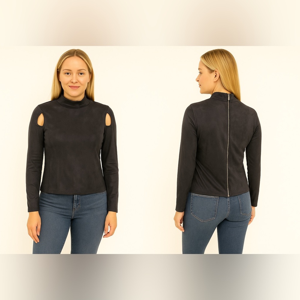 bebe Charcoal Long Sleeve Top with Cut-Outs